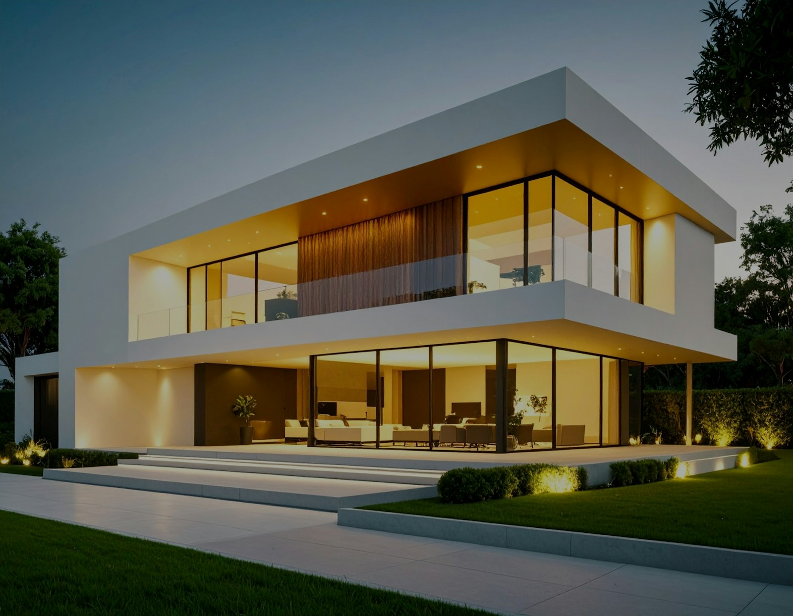 Villa contemporaine éclairée à la nuit tombée